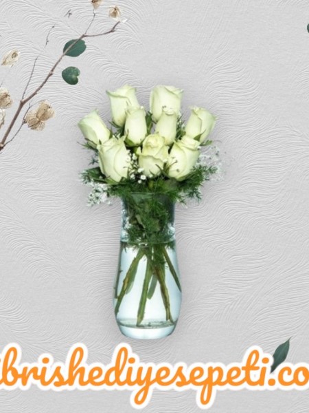  9 Beyaz Gül Vazosu