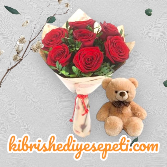 7 Kırmızı Gül Buketi ve Ayıcık 7 Kırmızı Gül Buketi ve Ayıcık