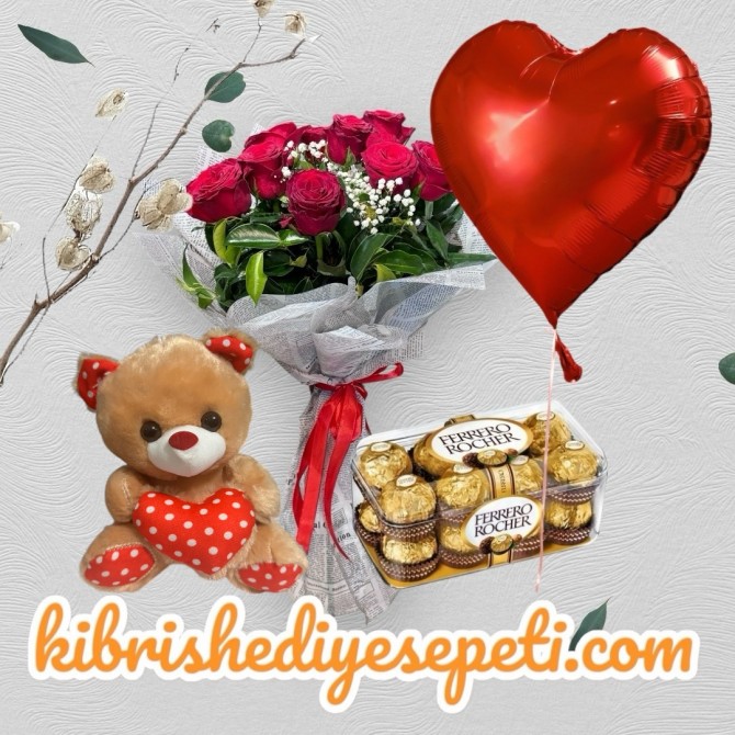 11 Kırmızı Gül Buketi Ayıcık Çikolata ve Balon 11 Kırmızı Gül Buketi Ayıcık Çikolata ve Balon
