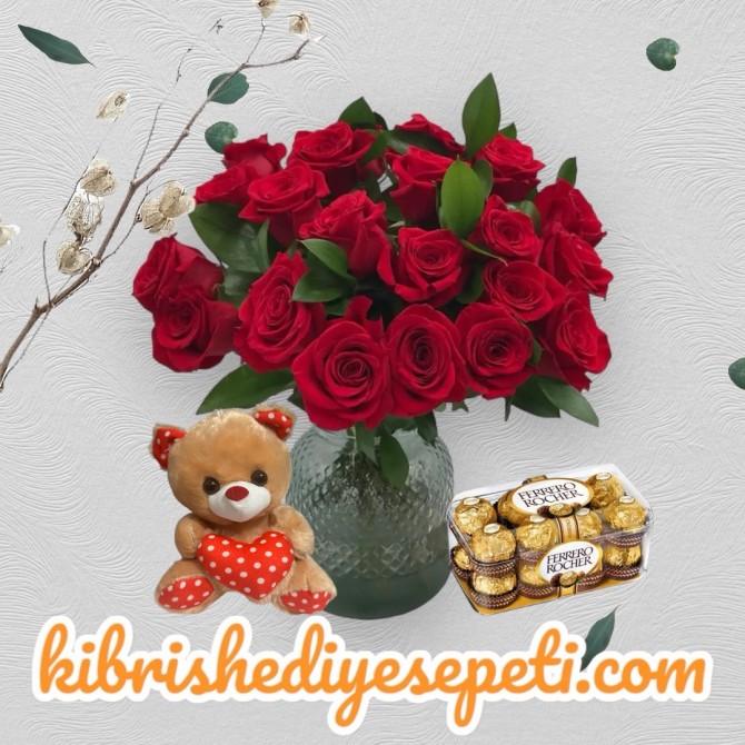 Vazoda 21 Kırmızı Gül Çikolata ve Ayıcık Vazoda 21 Kırmızı Gül Çikolata ve Ayıcık